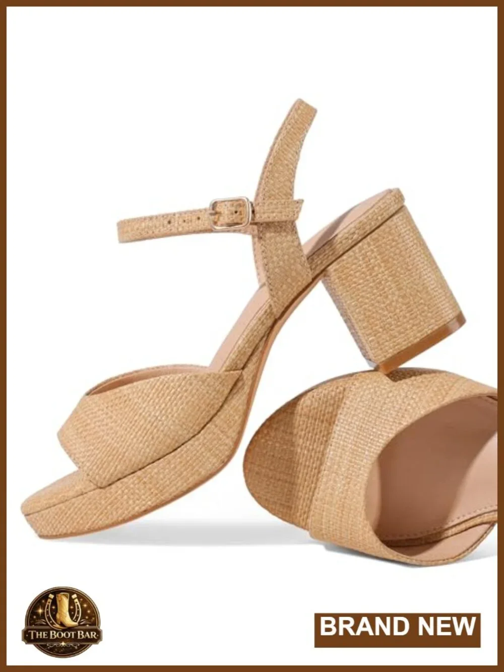 Low Block Heel Raffia Sandals with Ankle Strap Open Toe Summer